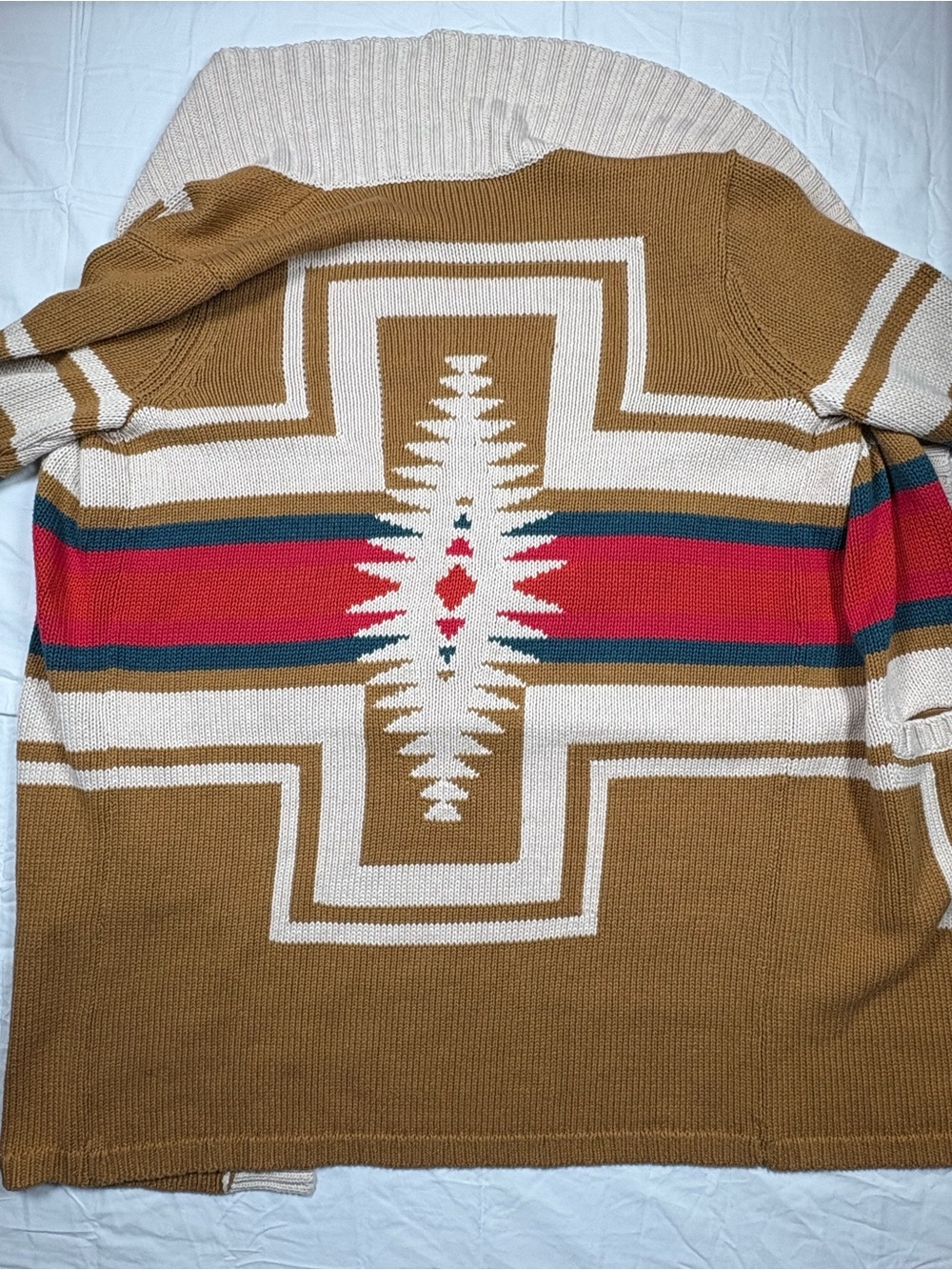 Pendleton Camel Shawl-Collar Cardigan with Red and Teal Stripe Accents - Picture 11 of 12